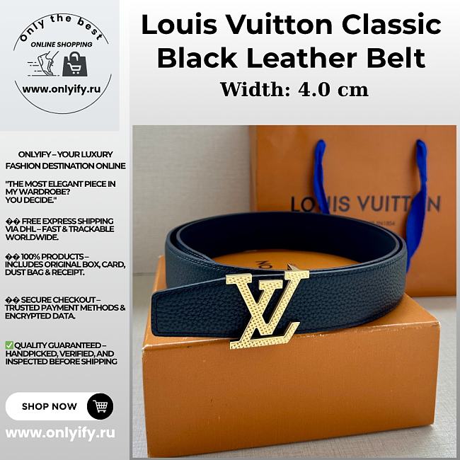 Louis Vuitton Classic Black Leather Belt – Textured Gold LV Buckle - 1