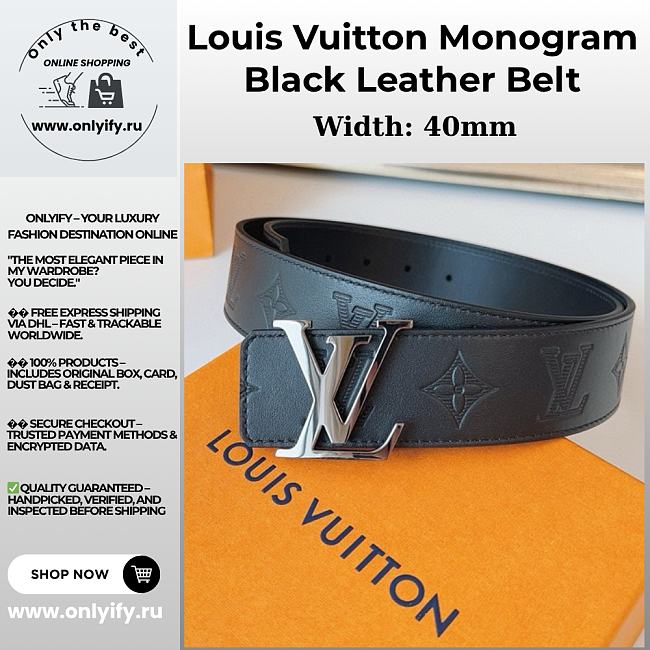 Louis Vuitton Monogram Black Leather Belt – Silver LV Buckle - 1