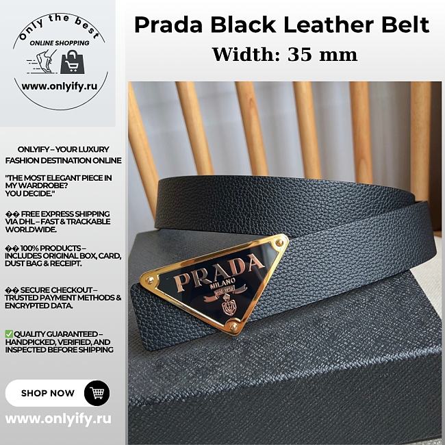 Prada Black Leather Belt – Gold Triangle Logo Buckle - 1