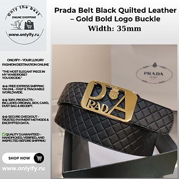 Prada Belt Black Quilted Leather – Gold Bold Logo Buckle