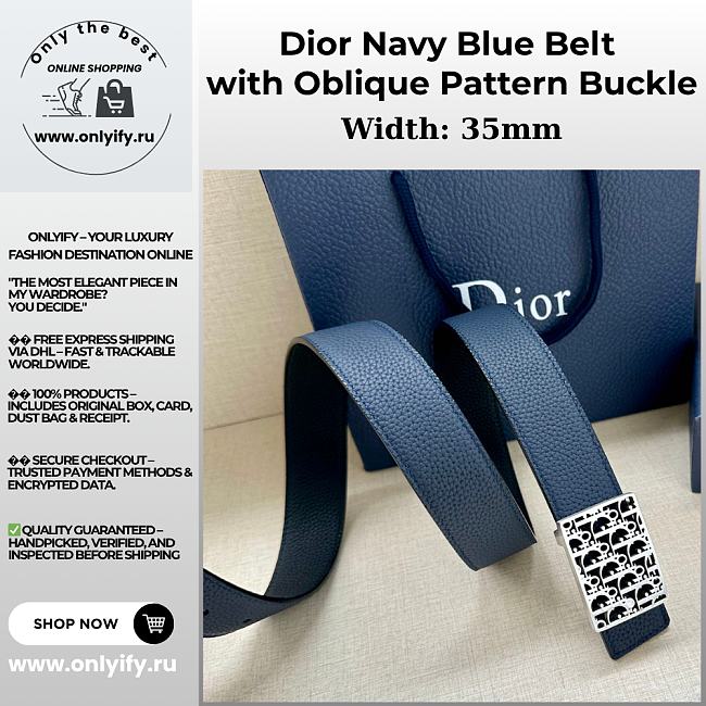 Dior Navy Blue Belt with Oblique Pattern Buckle - 1
