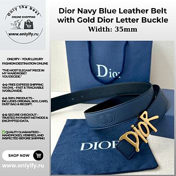 Dior Navy Blue Leather Belt with Gold Dior Letter Buckle
