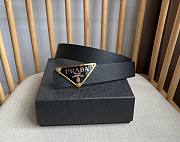 Prada Black Leather Belt – Gold Triangle Logo Buckle - 2