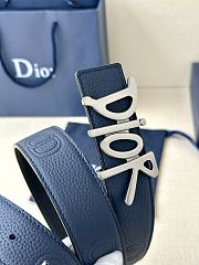 Dior Navy Blue Leather Belt with Gold Dior Letter Buckle - 4