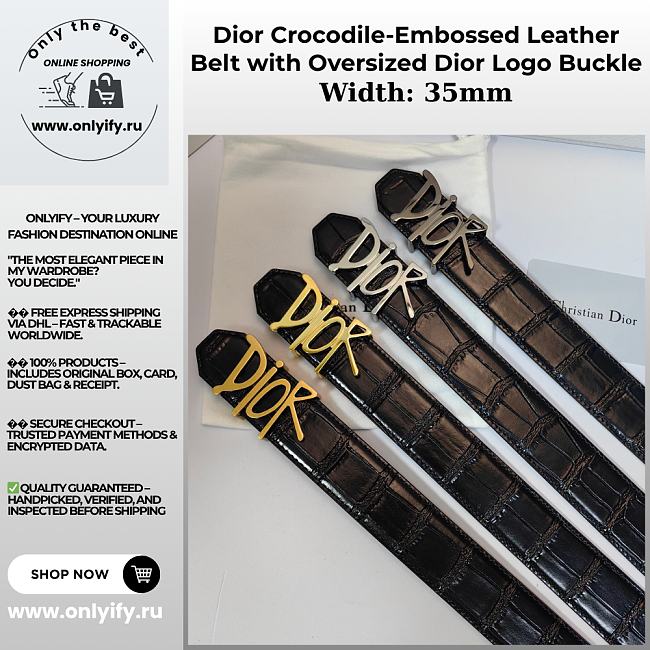 Dior Crocodile-Embossed Leather Belt with Oversized Dior Logo Buckle - 1