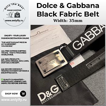 Dolce & Gabbana Black Fabric Belt with White Logo Print and Engraved Metal Plate Buckle