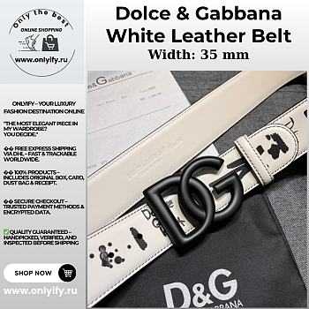Dolce & Gabbana White Leather Belt with Black Graffiti Print and Matte Black DG Logo Buckle