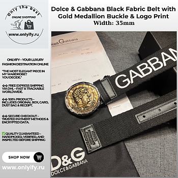 Dolce & Gabbana Black Fabric Belt with Gold Medallion Buckle & Logo Print