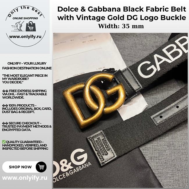 Dolce & Gabbana Black Fabric Belt with Vintage Gold DG Logo Buckle - 1
