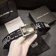 Dolce & Gabbana Black Fabric Belt with White Logo Print and Engraved Metal Plate Buckle - 2