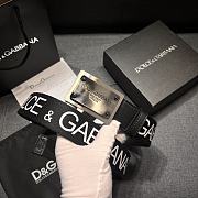 Dolce & Gabbana Black Fabric Belt with White Logo Print and Engraved Metal Plate Buckle - 3