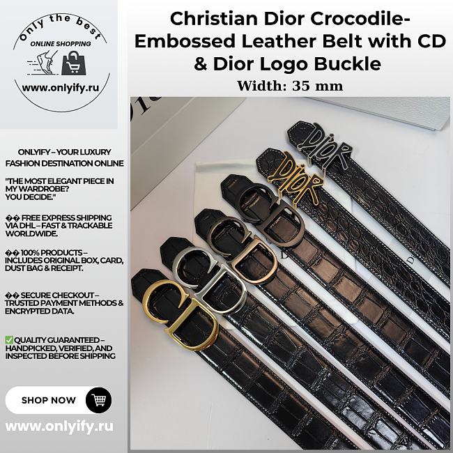 Christian Dior Crocodile-Embossed Leather Belt with CD & Dior Logo Buckle (Gold, Silver, Black Options) - 1