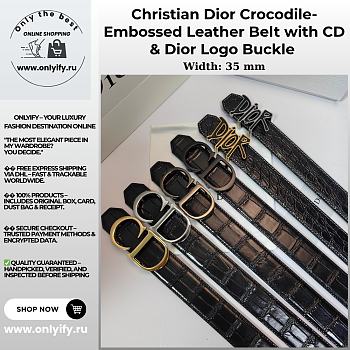 Christian Dior Crocodile-Embossed Leather Belt with CD & Dior Logo Buckle (Gold, Silver, Black Options)