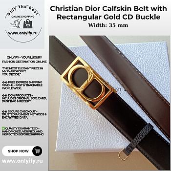 Christian Dior Calfskin Belt with Rectangular Gold CD Buckle (Brown)