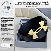 Balenciaga Black Crocodile-Embossed Leather Belt with Gold Double B Logo Buckle - 1