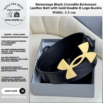 Balenciaga Black Crocodile-Embossed Leather Belt with Gold Double B Logo Buckle