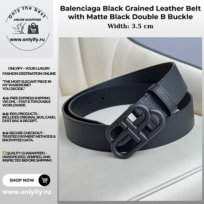 Balenciaga Black Grained Leather Belt with Matte Black Double B Buckle - 1