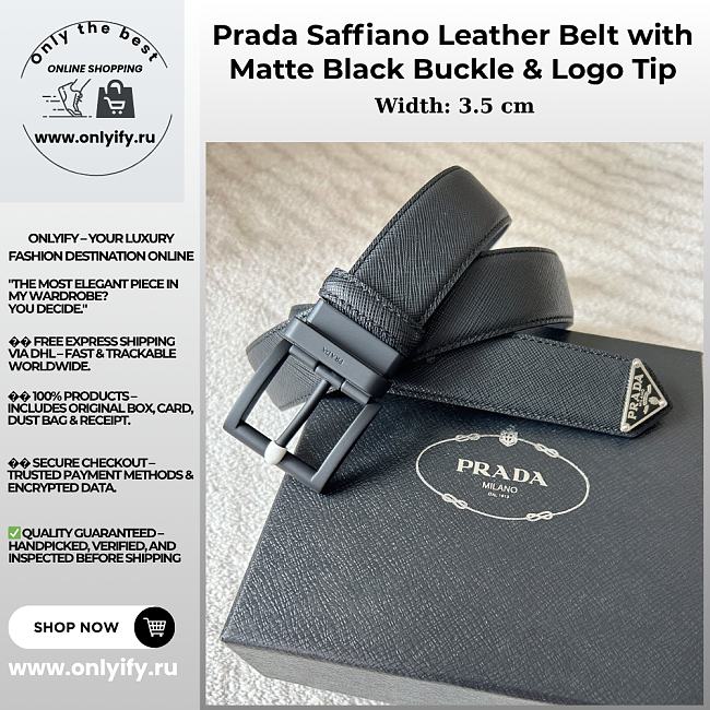 Prada Saffiano Leather Belt with Matte Black Buckle & Logo Tip - 1