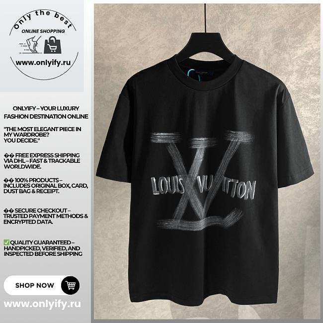 Louis Vuitton Black T-Shirt with Artistic LV Logo Print - 1
