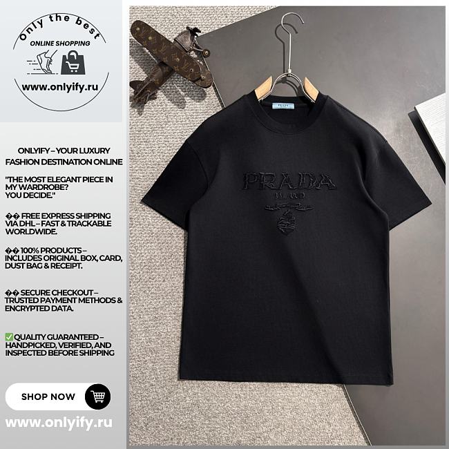Prada Black Embroidered Logo T-Shirt – Classic Milano Crest Edition - 1