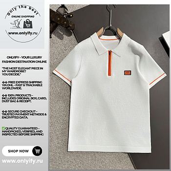 Hermès Paris White Polo Shirt with Orange Zipper and Logo Patch