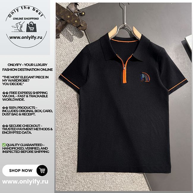 Hermès-Inspired Black Polo Shirt with Orange Zipper and Horse Logo - 1