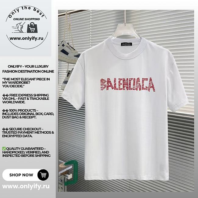 White Balenciaga-Inspired T-Shirt with Red Logo Print - 1