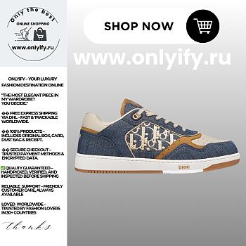 Dior B30 Sneaker in Blue Denim with Beige and Cognac Smooth Calfskin and Blue & Beige Raffia-Effect Dior Oblique Denim – 3SN272ZFK_H577