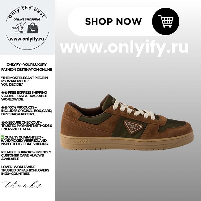 Prada Men’s Downtown Re-Nylon and Suede Sneakers in Cocoa Brown - 1