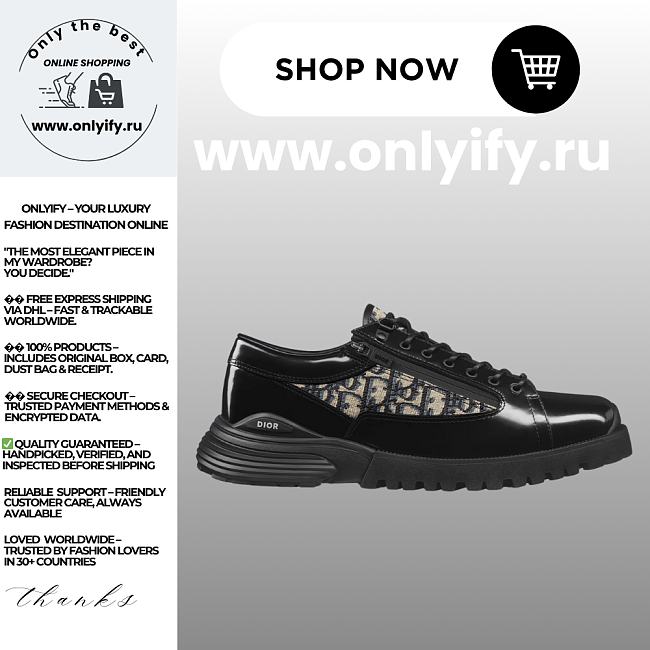 Dior Men’s Combat Derby Shoe in Black Polished Calfskin with Beige and Black Dior Oblique Jacquard – Style 3DE379ZXF_H961 - 1